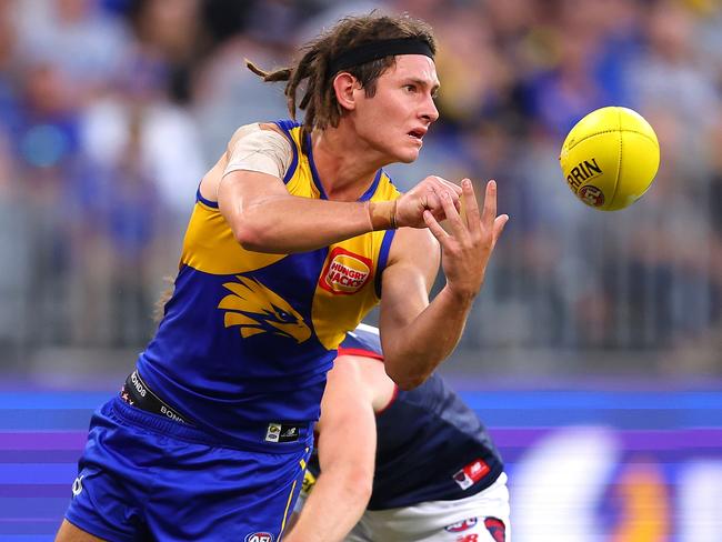 PERTH, AUSTRALIA - APRIL 09: Jai Culley of the Eagles handballs during the round four AFL match between West Coast Eagles and Melbourne Demons at Optus Stadium, on April 09, 2023, in Perth, Australia. (Photo by Paul Kane/Getty Images)