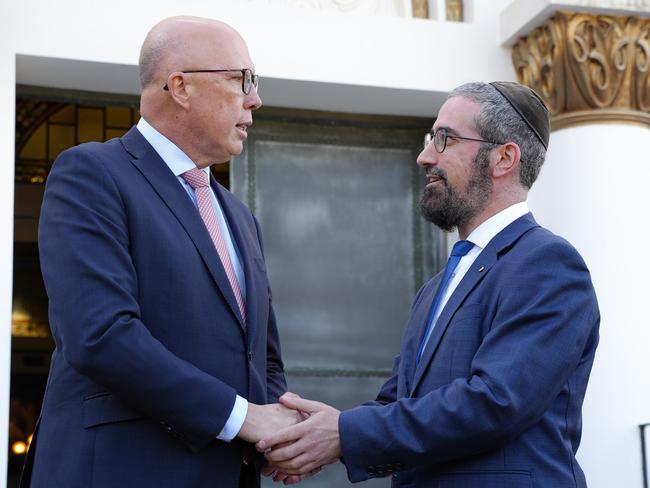 ST KILDA, AUSTRALIA. APRIL 19, 2024. Peter Dutton MP, leader of the opposition addresses the Hebrew congregation at St Kilda Shule. Pictured with Rabbi Yaakov Glasman AM  of St Kilda Shule. Picture: Via NCA NewsWire.