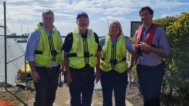 The funding announcement was welcomed by local marine rescue organisations and volunteer groups. (From left) Mark Ryan, Graham Kington, Anne Vogler and Tom Smith at Burnett Heads on Thursday.