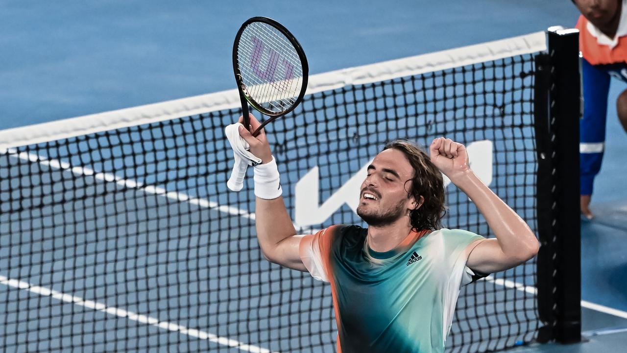 MELBOURNE, AUSTRALIA - JANUARY 24: Stefanos Tsitsipas of Greece celebrates his victory over Taylor Fritz of the United States during day eight of the 2022 Australian Open at Melbourne Park on January 24, 2022 in Melbourne, Australia. (Photo by TPN/Getty Images)