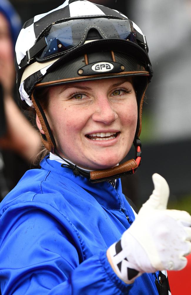 Jockey Jamie Kah after riding Kentucky Breeze to victory. Picture: AAP