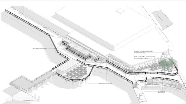 An artist's impression of proposed new glass balustrades around Felons Manly and neighbouring eateries on Manly Wharf. Picture: Little Boat Project