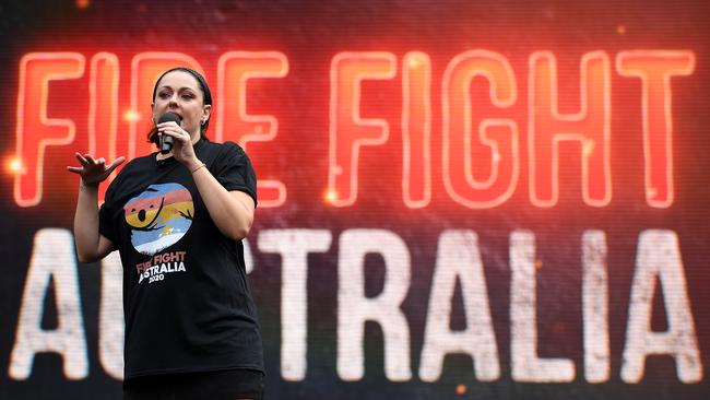 Barber speaks during the Fire Fight Australia bushfire relief concert