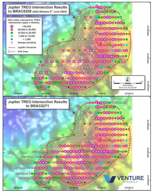 Jupiter drill holes coloured by TREO grade thickness. Pic: Venture Minerals