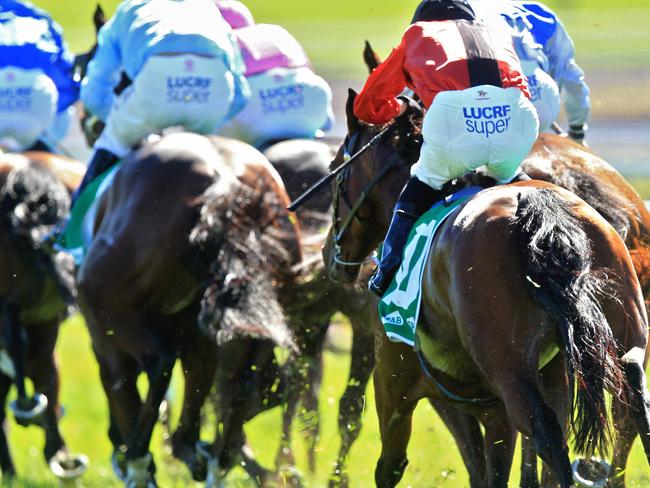 Loving home ridden by Tye Angland (yellow cap, maroon with yellow armbands) wins race 1 during Scone Races located in the Upper Hunter Region of NSW. Generic rear view. Winner not in shot. The Bend . Pic Jenny Evans