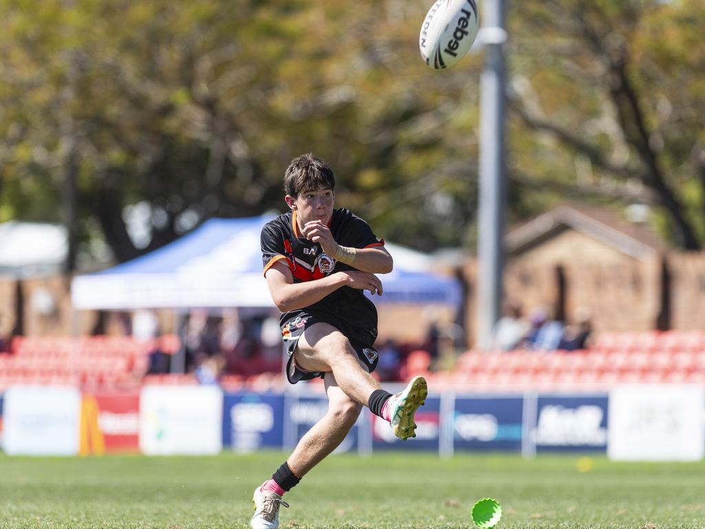 Will Fogarty converts for Southern Suburbs against Valleys in U13/14 boys Toowoomba Junior Rugby League grand final at Toowoomba Sports Ground, Saturday, September 7, 2024. Picture: Kevin Farmer