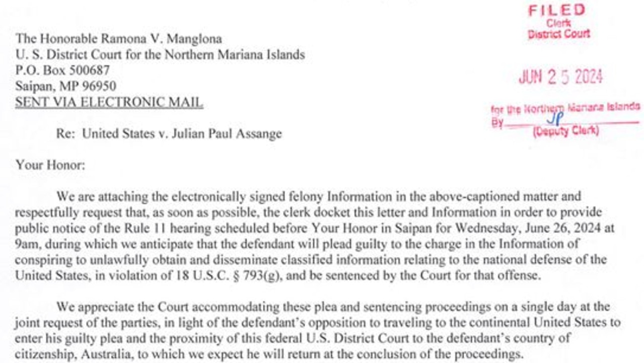 A copy of the letter filed by the US Justice Department, revealing Assangle will return home to Australia. Picture: Washington Post / Justice Department