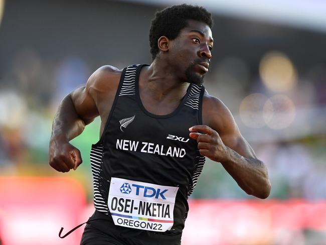 EUGENE, OREGON - JULY 15: Edward Osei-Nketia of Team New Zealand competes in the MenÃ¢â¬â¢s 100 Meter heats on day one of the World Athletics Championships Oregon22 at Hayward Field on July 15, 2022 in Eugene, Oregon. (Photo by Hannah Peters/Getty Images for World Athletics)