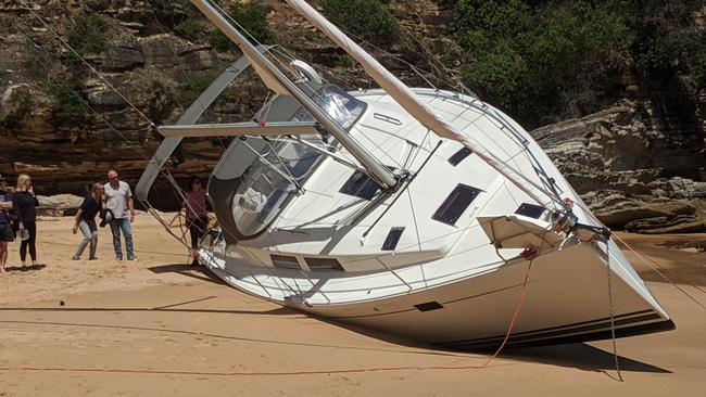 A 40-foot luxury Hanse yacht, which ran aground on Maitland Bay beach after a sudden southerly change, came from a Bayview boat share company. Picture: Mark Westfield