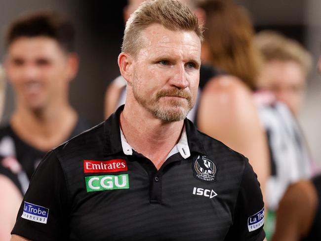 BRISBANE, AUSTRALIA - OCTOBER 10: Nathan Buckley, Senior Coach of the Magpies looks on during the 2020 AFL First Semi Final match between the Geelong Cats and the Collingwood Magpies at The Gabba on October 10, 2020 in Brisbane, Australia. (Photo by Michael Willson/AFL Photos via Getty Images)