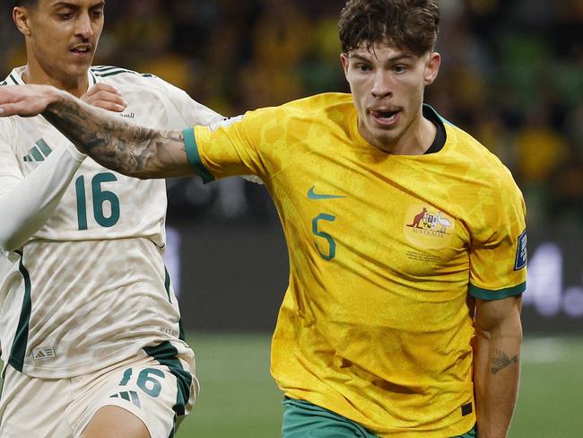 NCA. MELBOURNE, AUSTRALIA. 14th November 2024.  Australian Socceroos vs Suadi Arabia at Melbourne Rectangular Stadium .  Jordan Bos of the Socceroos  2nd half   .  Picture: Michael Klein