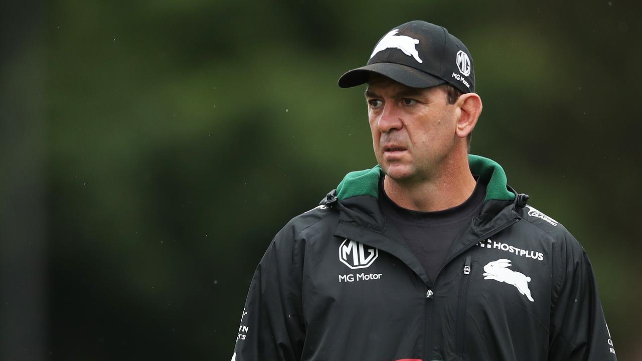 SYDNEY, AUSTRALIA - MARCH 08: Rabbitohs head coach Jason Demetriou looks on during a South Sydney Rabbitohs NRL Training Session at Redfern Oval on March 08, 2022 in Sydney, Australia. (Photo by Matt King/Getty Images)
