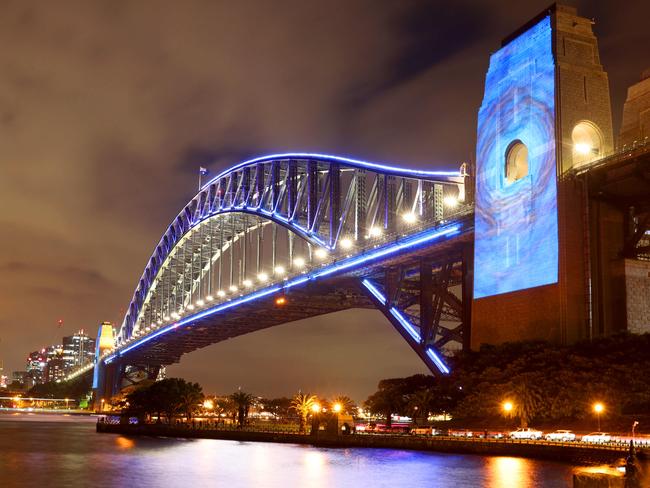 The light show on the Sydney Harbour Bridge for its 90th Birthday. Picture: Damian Shaw