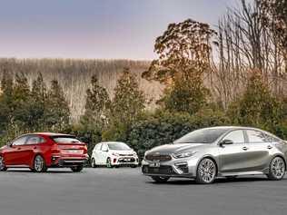 The new Kia Cerato GT in hatch and sedan guise, as well as the new Picanto GT (centre). Picture: Warren Kirby