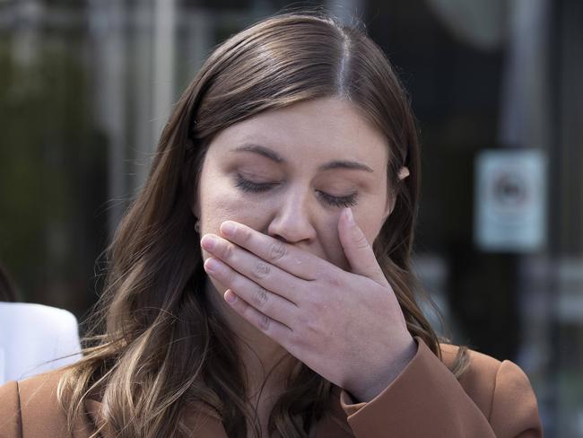 An upset Brittany Higgins broke down in tears as she addressed the media after the jury was discharged. Picture: NCA NewsWire / Gary Ramage