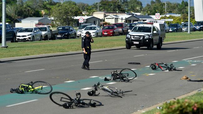 Five cyclists were injured when they were hit by a car along Dalrymple Road at Mount Louisa about 5.40am Wednesday, February 19, 2020. The car involved then left the scene. Photo: Evan Morgan