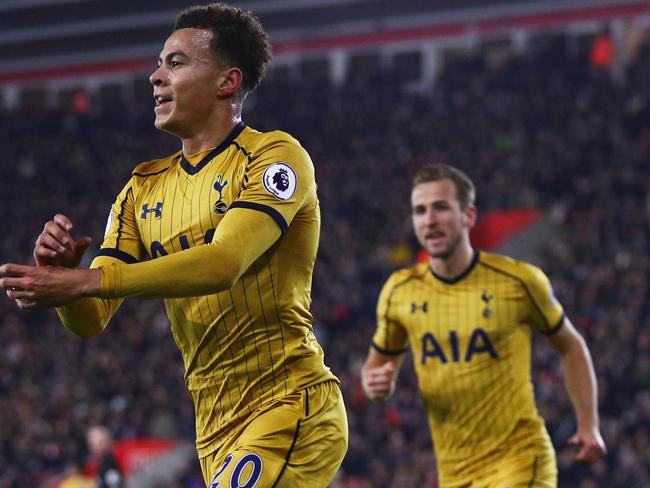 SOUTHAMPTON, ENGLAND - DECEMBER 28: Dele Alli of Tottenham Hotspur (20) celebrates as he scores their first and equalising goal during the Premier League match between Southampton and Tottenham Hotspur at St Mary's Stadium on December 28, 2016 in Southampton, England. (Photo by Ian Walton/Getty Images)