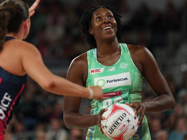 MELBOURNE, AUSTRALIA - APRIL 27: Jhaniele Fowler-Nembhard of the Fever shoots during the round three Super Netball match between Melbourne Vixens and West Coast Fever at John Cain Arena, on April 27, 2025, in Melbourne, Australia. (Photo by Daniel Pockett/Getty Images)