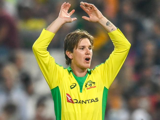 Australia's Adam Zampa reacts after bowling a ball during the first T20 international cricket match between South Africa and Australia at The Wanderers Stadium in Johannesburg on February 21, 2020. (Photo by Christiaan Kotze / AFP)