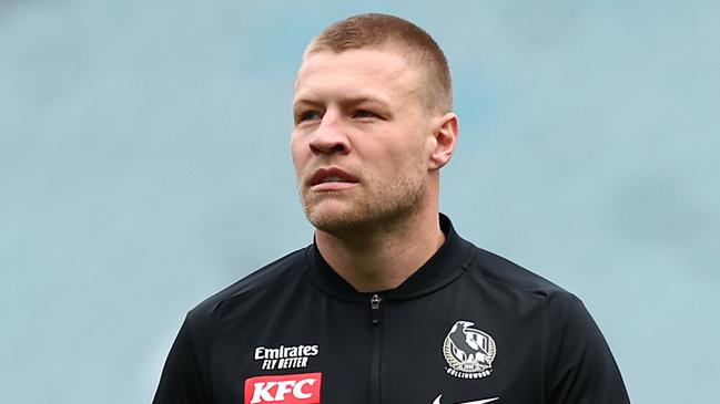 MELBOURNE, AUSTRALIA - JULY 20: Jordan De Goey of the Magpies warms up prior to the round 19 AFL match between Hawthorn Hawks and Collingwood Magpies at Melbourne Cricket Ground on July 20, 2024 in Melbourne, Australia. (Photo by Graham Denholm/AFL Photos/via Getty Images)