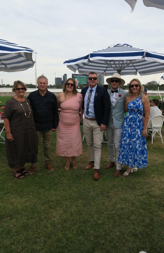 Maree, Grahame, Lauren, Trent, Shaun and Hayley at Seppelt Wines Stakes Day 2024 at Flemington Racecourse. Picture: Gemma Scerri