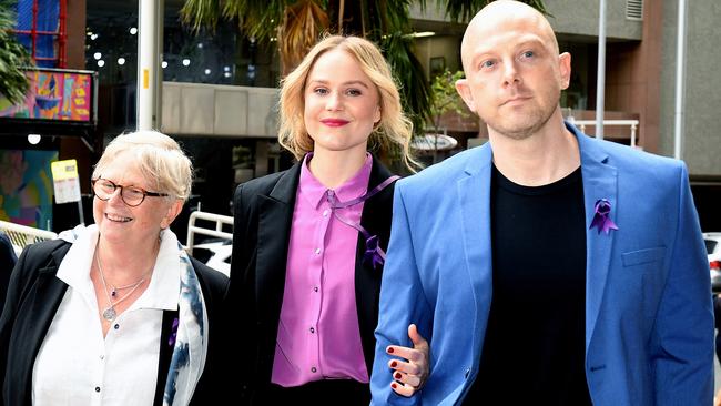 Actress Eryn-Jean Norvill, centre, arrives at court with family. Picture: AAP