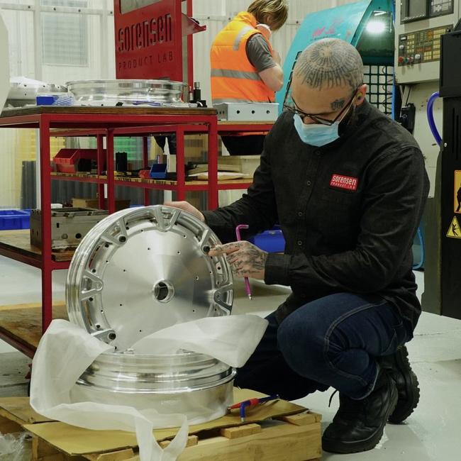 The wheels and hubs for the Sunswift 7 solar-powered electric car that broke a world speed record where created in the Sorensen Product Lab at Sorensen Engineering at Brookvale. Picture: Supplied