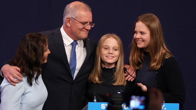 Scott Morrison with his family on election night. Picture: Nigel Hallett