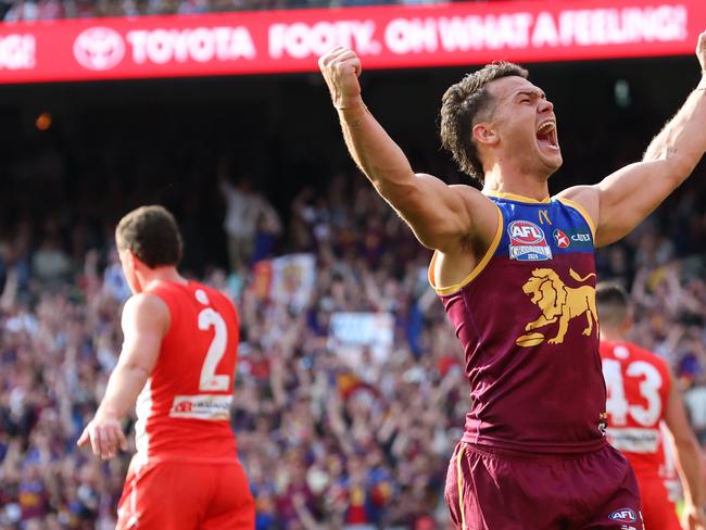 Cam Rayner celebrates a goal during the AFL Grand Final between the Brisbane Lions and Sydney Swans at the MCG. Picture Lachie Millard