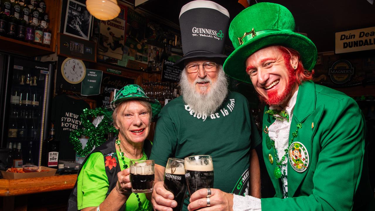 Margaret Horne, Allan Thompson, and James Horne celebrate St Patrick’s Day in the New Sydney Hotel. Picture: Linda Higginson