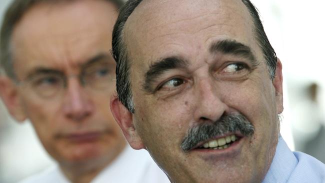 Sydney, January 13, 2004. Premier of Tasmania, Jim Bacon (right), speaks at the launch of the Spirit of Tasmania III as NSW Premier Bob Carr, looks on. The vessel departs today for its first service to Devonport in Tasmania carrying 550 passengers, a trip that it will make three times a week. (AAP Image/Paul Miller)