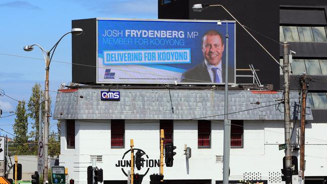 Federal Treasurer Josh Frydenberg on the billboard in Kew Junction. Picture: Aaron Francis