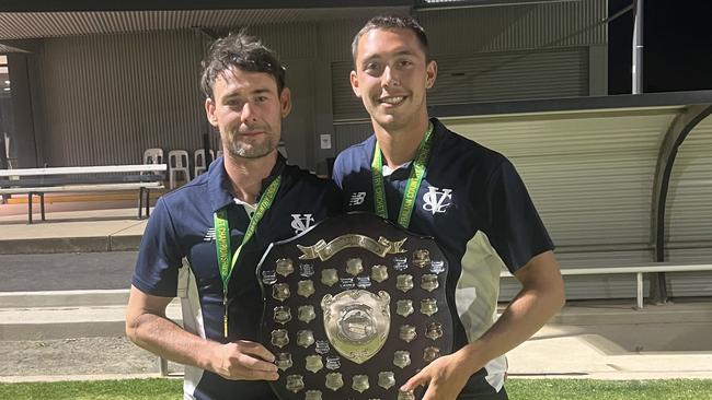 North Geelong teammates Dale Kerr and Bailey Sykes with the country championships shield. Picture: Supplied