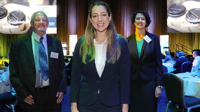 The Central Chamber of Commerce 2020 election candidates breakfast at the Gold Coast Convention Centre. Currumbin candidates Peter Burgoyne (greens) Laura Gerber (LNP) and Kaylee Campradt (ALP). Picture Glenn Hampson