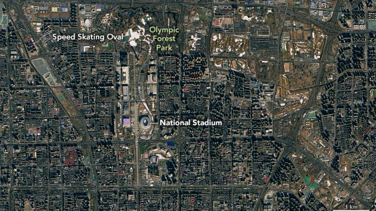 The venues for skating, ice hockey and curling are located in the flat terrain of central Beijing, near the National Stadium hosting the opening and closing ceremonies. Picture: NASA Earth Observatory