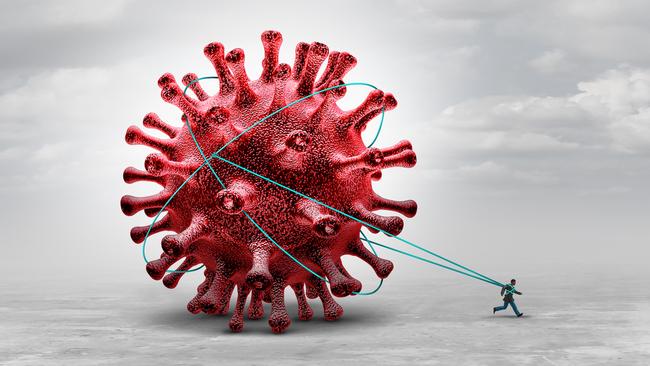 long Covid syndrome and coronavirus pandemic symptoms that persist as a burden concept or being tied trapped as a hauler of a virus infection with 3D illustration elements.