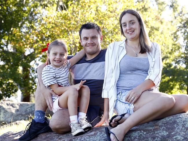 SUNDAY TELEGRAPH - 2.4.21Phil and Vanessa Machin with daughter Chloe pictured at Belrose this morning. They have managed to buy a home in Belrose and settle on the property in 6 weeks. Picture: Sam Ruttyn