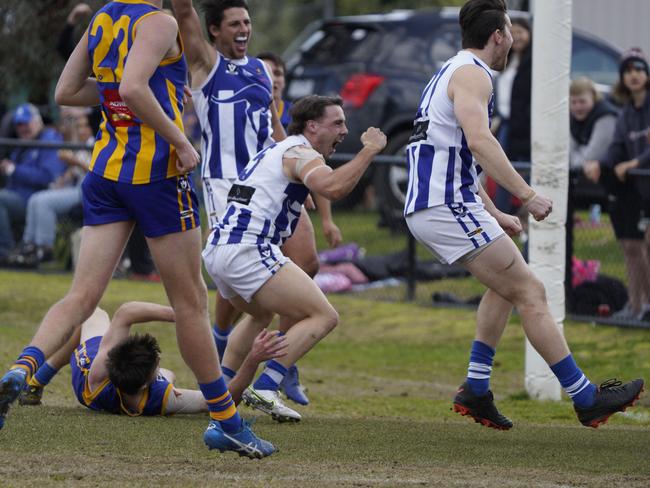 Langwarrin’s Josh Dormer kicks a goal in his side’s win over Somerville on Saturday. Picture: Valeriu Campan