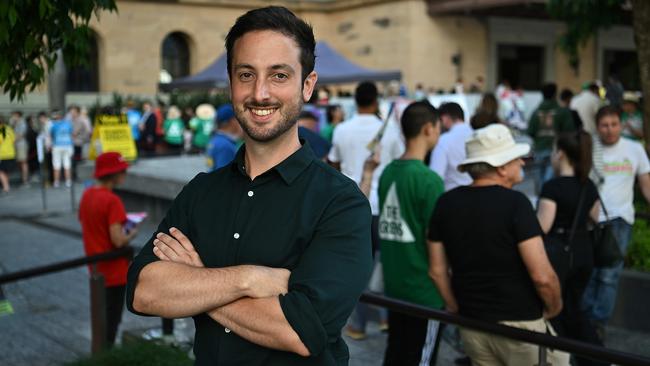 Greens Brisbane MP Stephen Bates at the Brisbane City Hall pre-poll voting centre. Picture: Lyndon Mechielsen