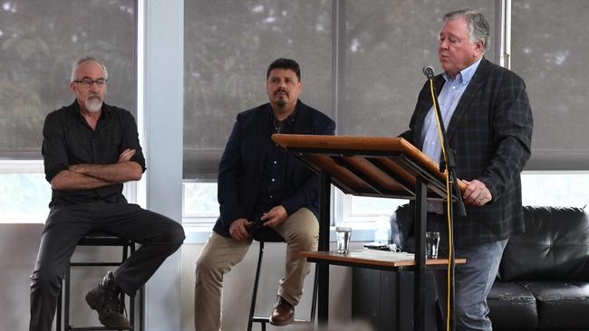 Left: Acting co-ordinator strategic planning Andy Parkes, Director partnerships, planning and engagement Eber Butron and General Manager John Walker answer questions at Lismore City councils second public forum to discuss seven key strategies on how to build back after the February flood disaster. Picture Cath Piltz