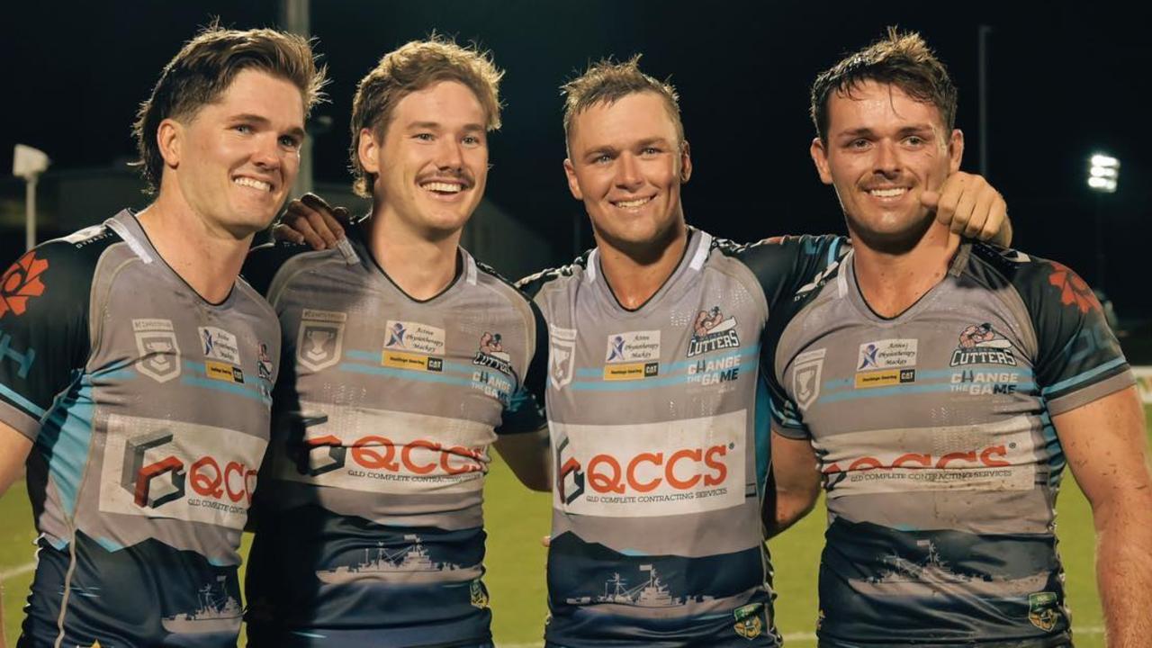 Brandon Finnegan, Jake Riley, Kyle Kennedy and Sean Mullany after their 24-12 win against the Brisbane Tigers. Picture: Sheridan Hunt.