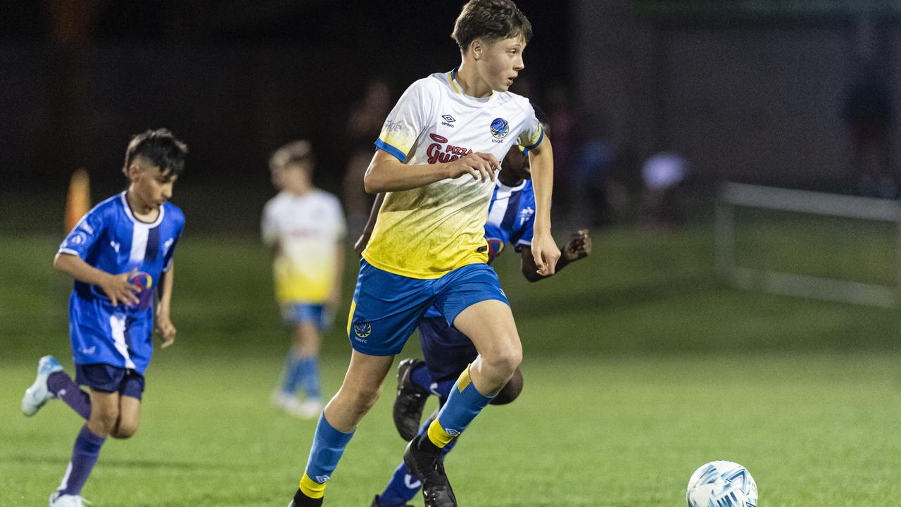 Finn Carige of USQ FC against Rockville Rovers White in Football Queensland Darling Downs Community Juniors U13 Div 1 Maroon grand final at Clive Berghofer Stadium, Friday, August 30, 2024. Picture: Kevin Farmer