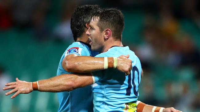 Bernard Foley celebrates after scoring against the Rebels. Foley turned it around for the Waratahs on Saturday night. Picture: Getty Images