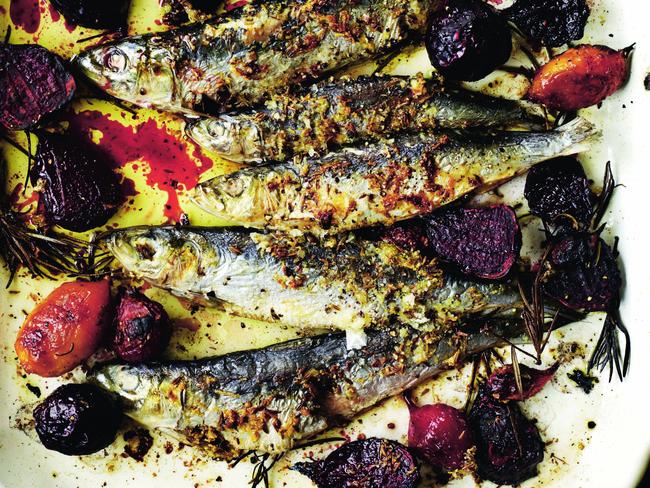 TWAM-20170218 EMBARGO FOR TWAM 18 FEB 2017 NO RESUSE WITHOUT PERMISSION Chef Gill Mether dish - Grilled sardines with beetroot Pic : supplied