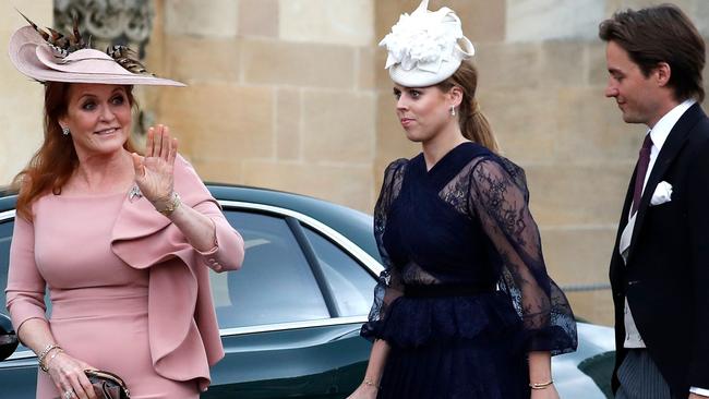 Sarah Ferguson, Princess Beatrice and Edoardo Mapelli Mozzi at the wedding of Lady Gabriella Windsor in 2018. Picture: AFP