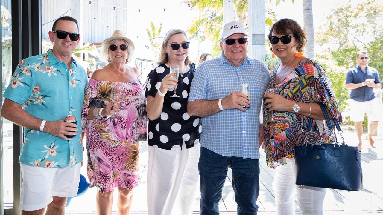 Shane Harry, Chez Jones, Cathy Harry, John O’Niel, and Vicki Adds from Woody Point. at Sandstone Point Hotel’s Jetty Lunch. Picture: Dominika Lis