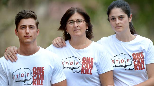 It is approaching the second anniversary since David Cassai was killed by one punch on New Year's Eve, 2012, in Rye. David's friend Vincent Petrilli, 24, David's mother Caterina Politi and sister Elisa Cassai, 26, promote the 'STOP One Punch Can Kill' message. Picture: Steve Tanner