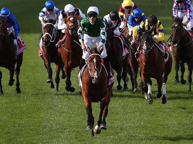 MELBOURNE, AUSTRALIA - OCTOBER 26: James McDonald riding Via Sistina (IRE) celebrates winning the Ladbrokes Cox Plate and his 100th Group 1 race during Cox Plate Day at Moonee Valley Racecourse on October 26, 2024 in Melbourne, Australia. (Photo by Kelly Defina/Getty Images)