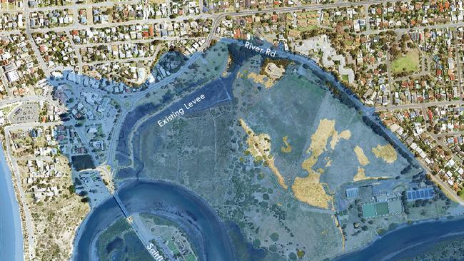 Modelling for the 2100 extreme event shows significant potential inundation of the Port Noarlunga township with water over roads, possibly up to 1.10m deep, the deepest point being at the main roundabout on Gawler Street at a depth of 1.60m. Further investigation is required to ascertain if such a flood would flow onto River Road. Supplied: City of Onkaparinga.,