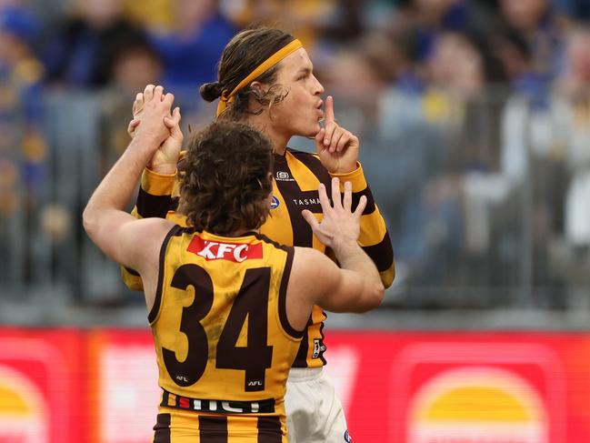 Jack Ginnivan of the Hawks celebrates after scoring a goal during the 2024 AFL Round 16 match between the West Coast Eagles and the Hawthorn Hawks. (Photo by Will Russell/AFL Photos via Getty Images)